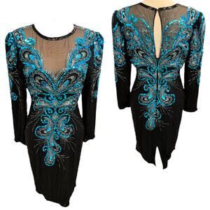 Vintage A.J.  S/M Bari Womens Silk Dress Sequins Formal Knee Length Blue Black